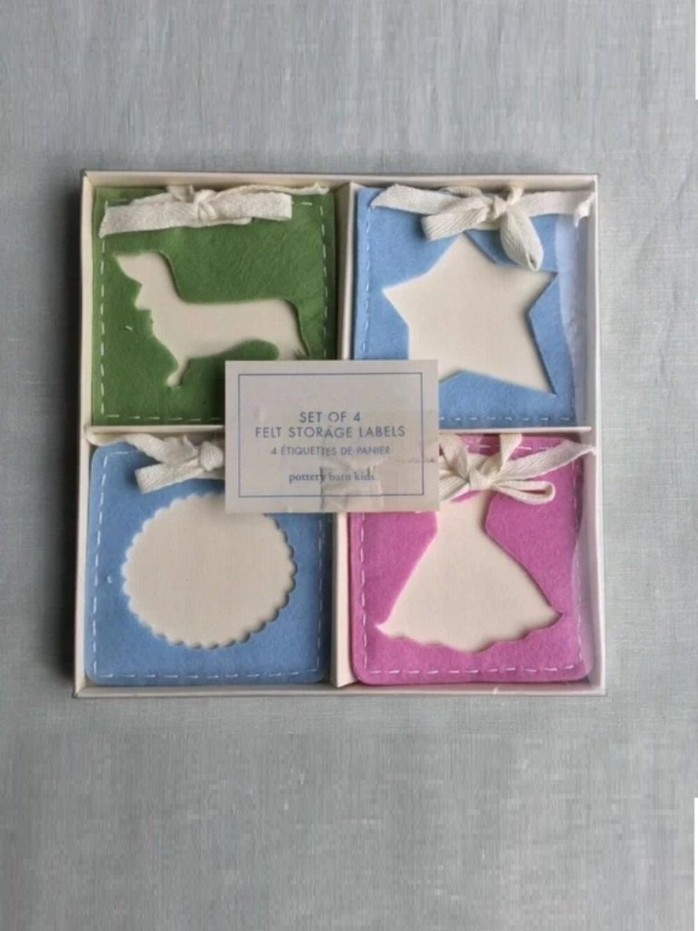 NWT Pottery Barn Kids set of 4 felt storage labels tags dachshund dress star